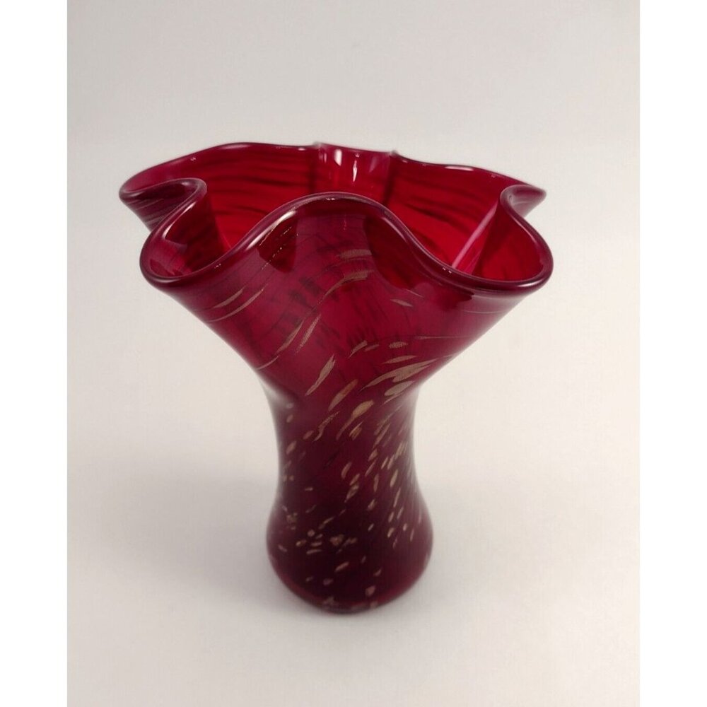 Glass Eye Studio GES Ruby Red Ruffled Art Glass Vase w/ Copper Flecks